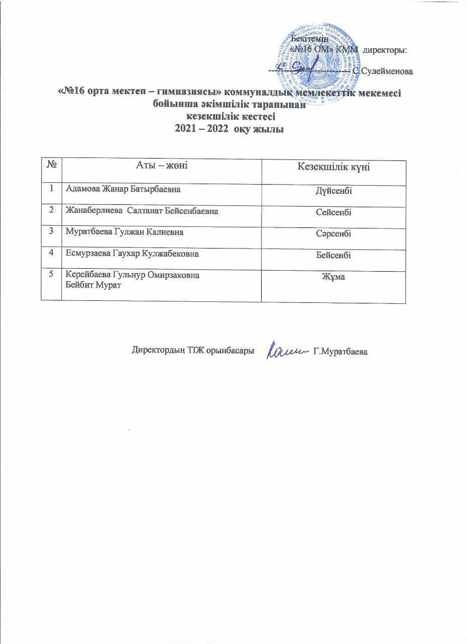 Әкімшілік тарапынан кезекшілік кестесі