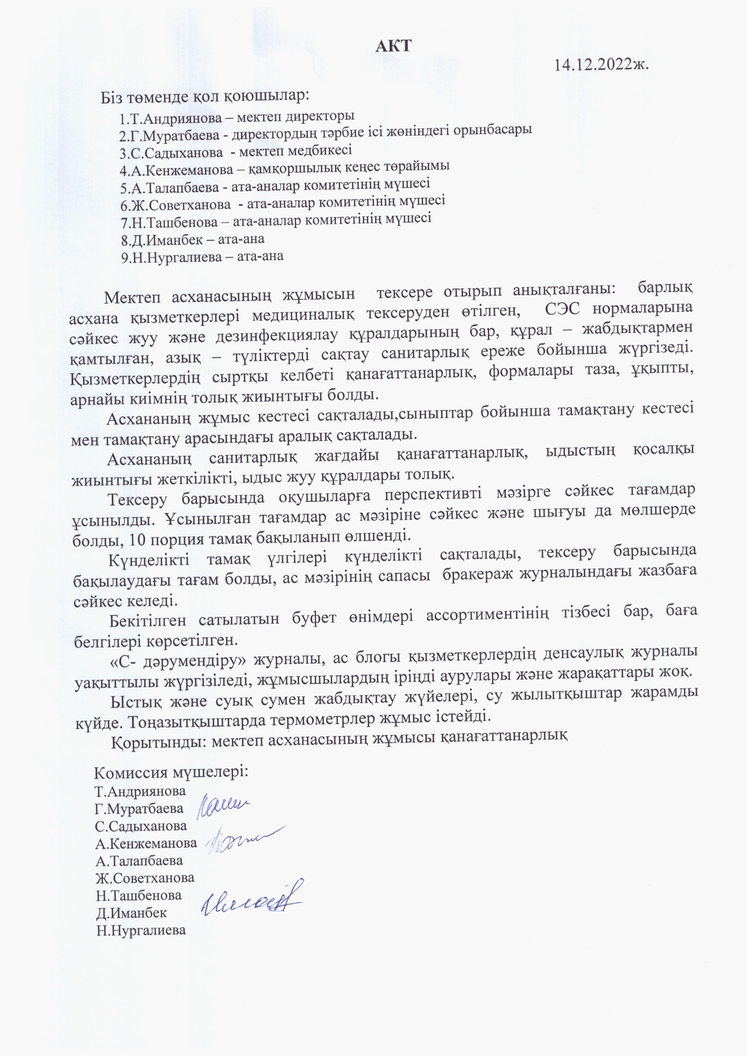 Асхана жұмысын тексеру актісі